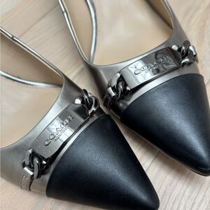 COACH Two-Tone Pointed Toe Slingback Heels in Black and Metallic Pewter